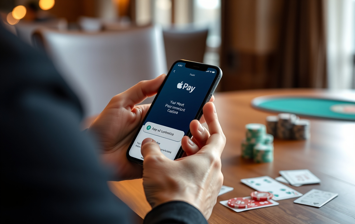 Person som betaler med Apple Pay på iPhone ved et casino-bord med sjetonger og kort.