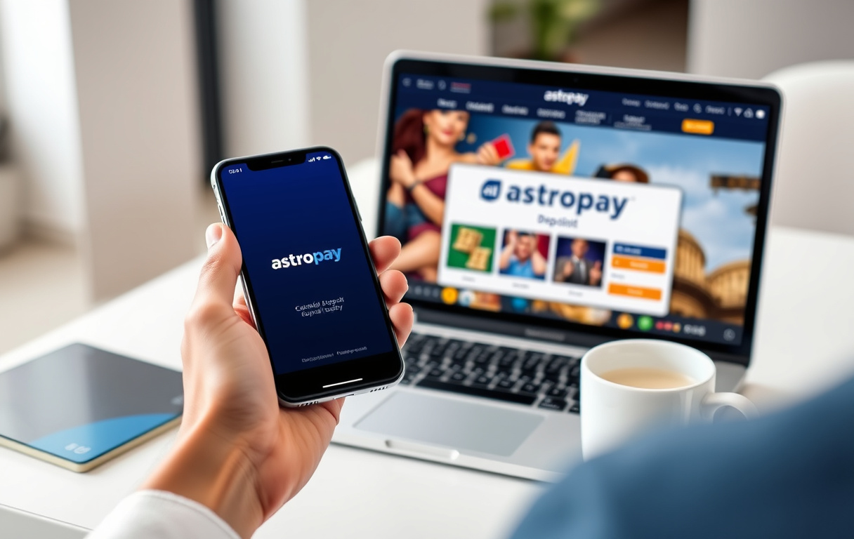 Person som bruker AstroPay-appen på mobilen ved siden av en datamaskin med et nettcasino.