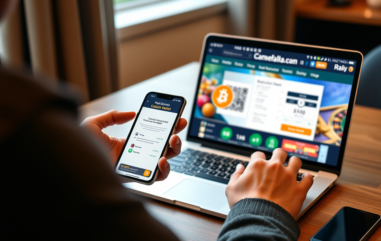 Mann som bruker Bitcoin-lommebok på mobilen for å sette inn penger på et nettcasino.