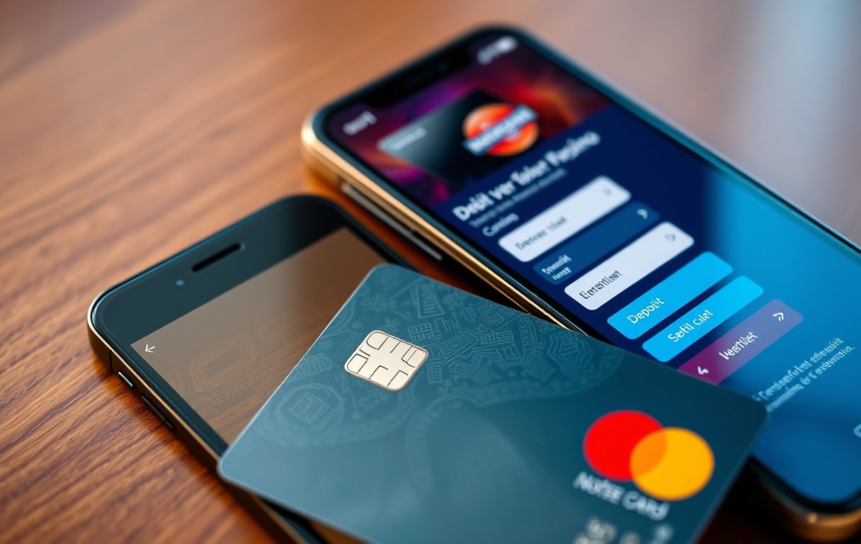 Mastercard-kort liggende ved mobiltelefon med casino-innskuddsskjerm