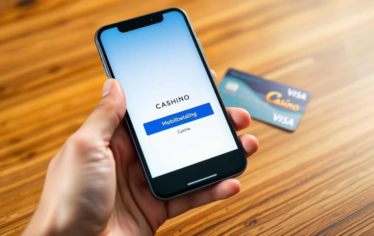 Mobiltelefon med casinoets kasse-side og et kreditkort ved siden av