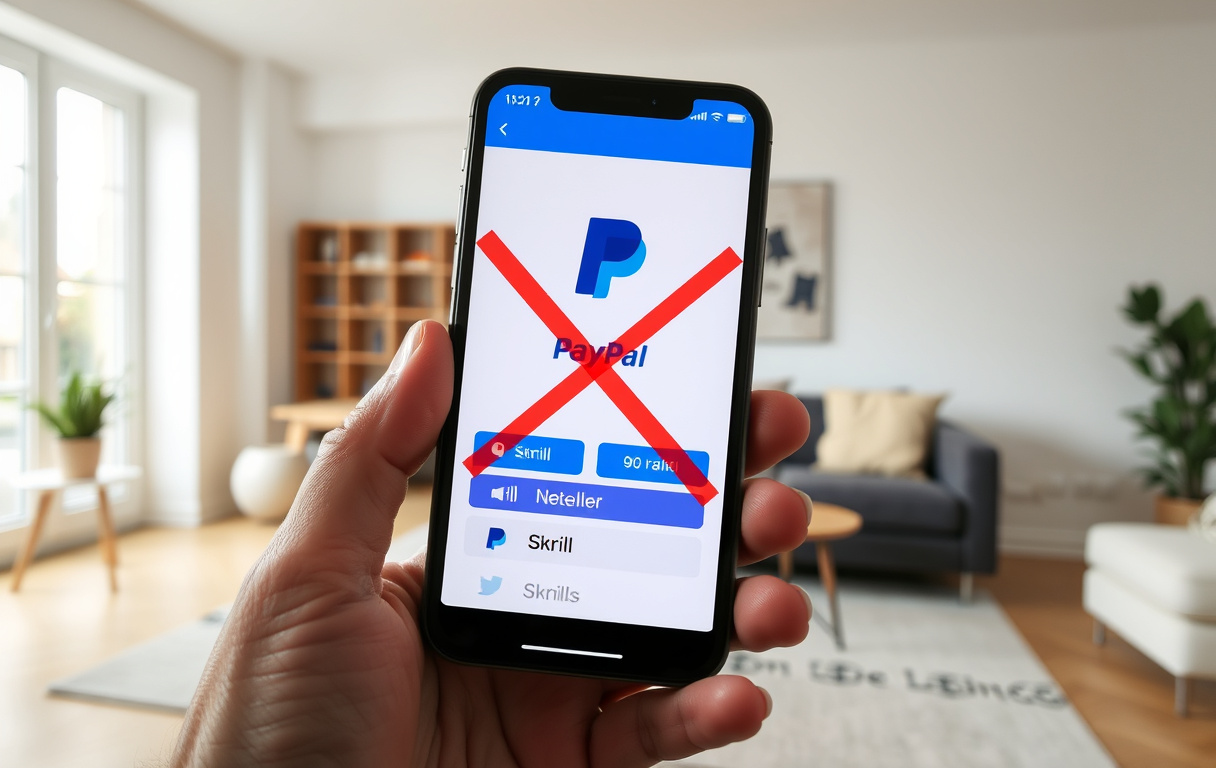 PayPal-logo med rødt kryss over casino-ikon, alternativer som Skrill og Neteller vist ved siden av.
