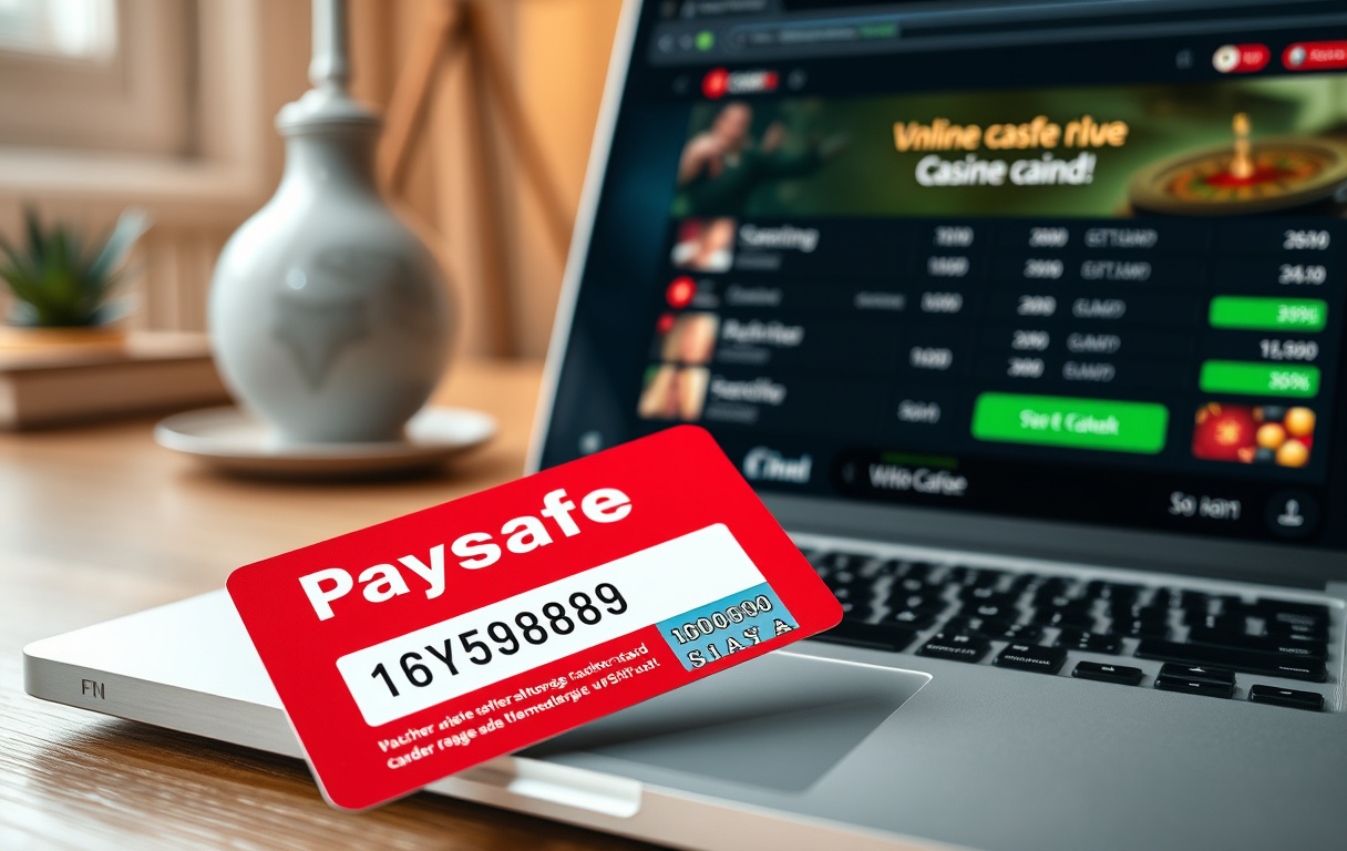 Paysafecard-kort ved siden av en laptop med norsk casino-kasse