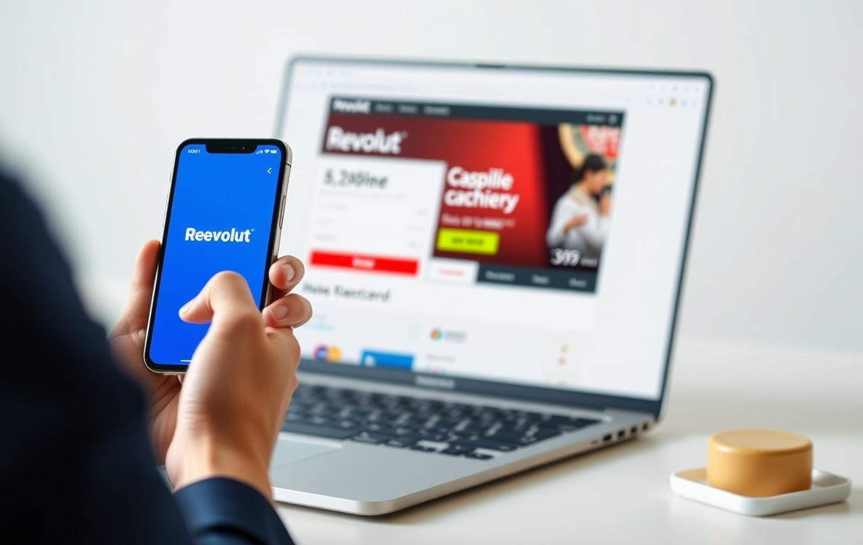 Revolut-app på mobil ved siden av innskuddsside på nettcasino som viser Visa-valg
