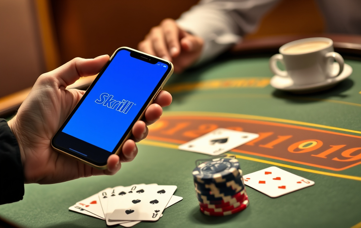Smarttelefon med Skrill-appen på et casinobord med pokerchips og kort