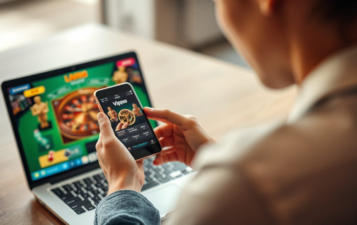 Person som bruker Vipps på mobilen for å sette inn penger på et nettcasino