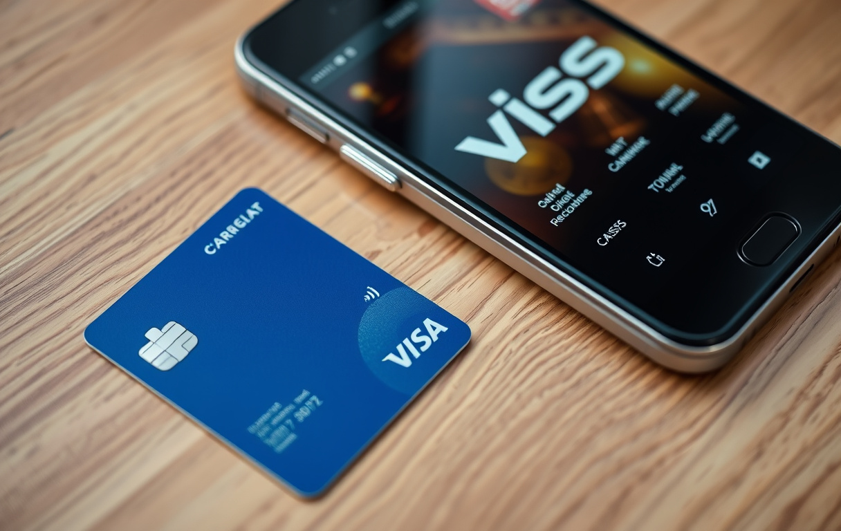 Norsk Visa-debetkort ved siden av mobiltelefon med casino-kasse