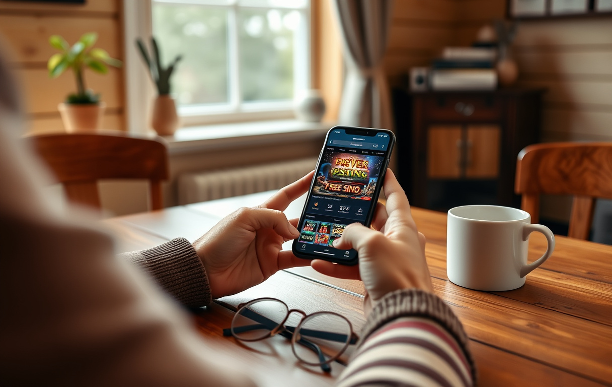Person som holder mobil med gratis casinobonus, kaffekopp og briller på bordet, norsk hjemmemiljø.