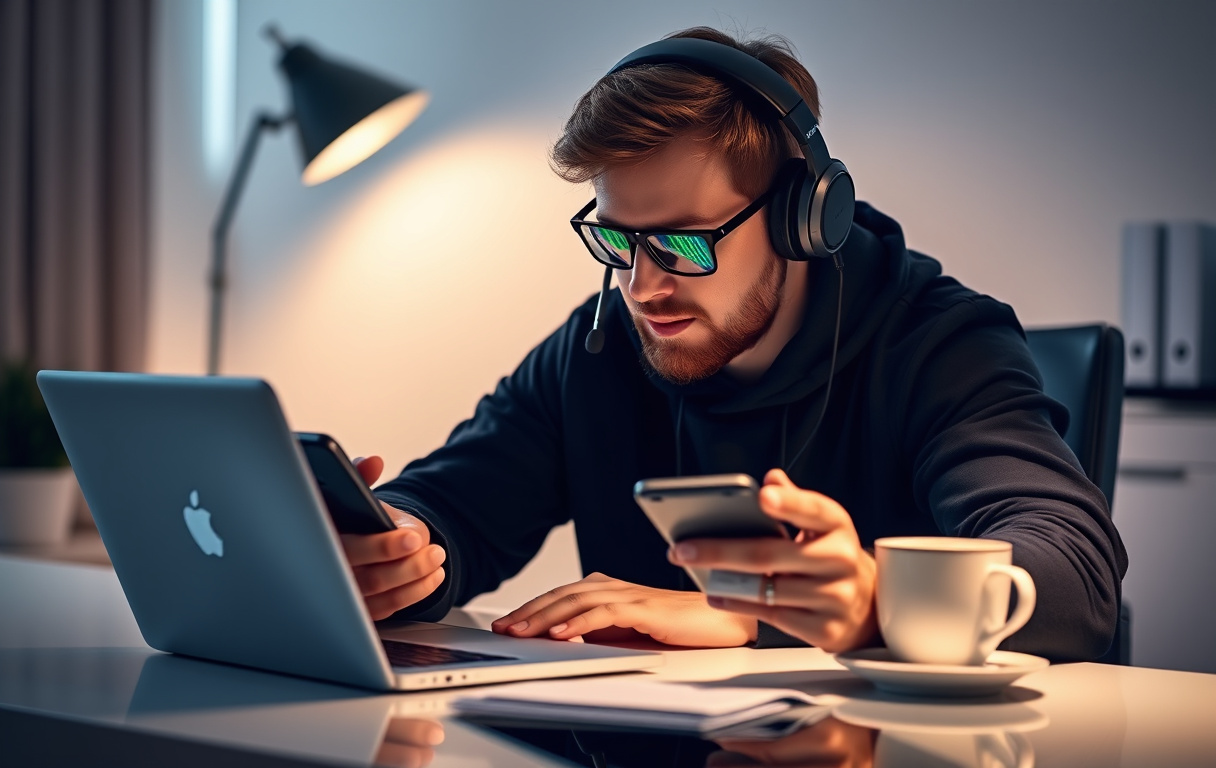 Norsk spiller ser på cashback-tilbud på mobil, med headset og kaffekopp på hjemmekontor