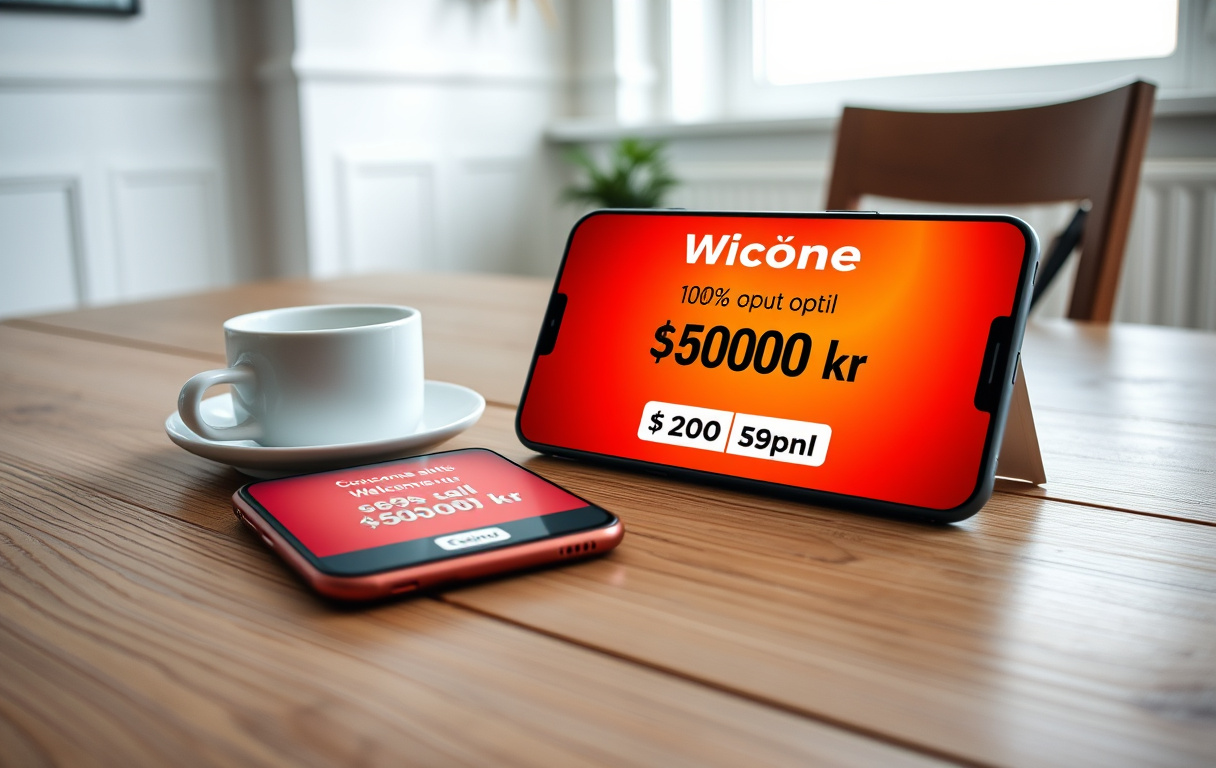 Smarttelefon med casino bonustilbud på norsk, kaffekopp og 18+ skilt på bordet