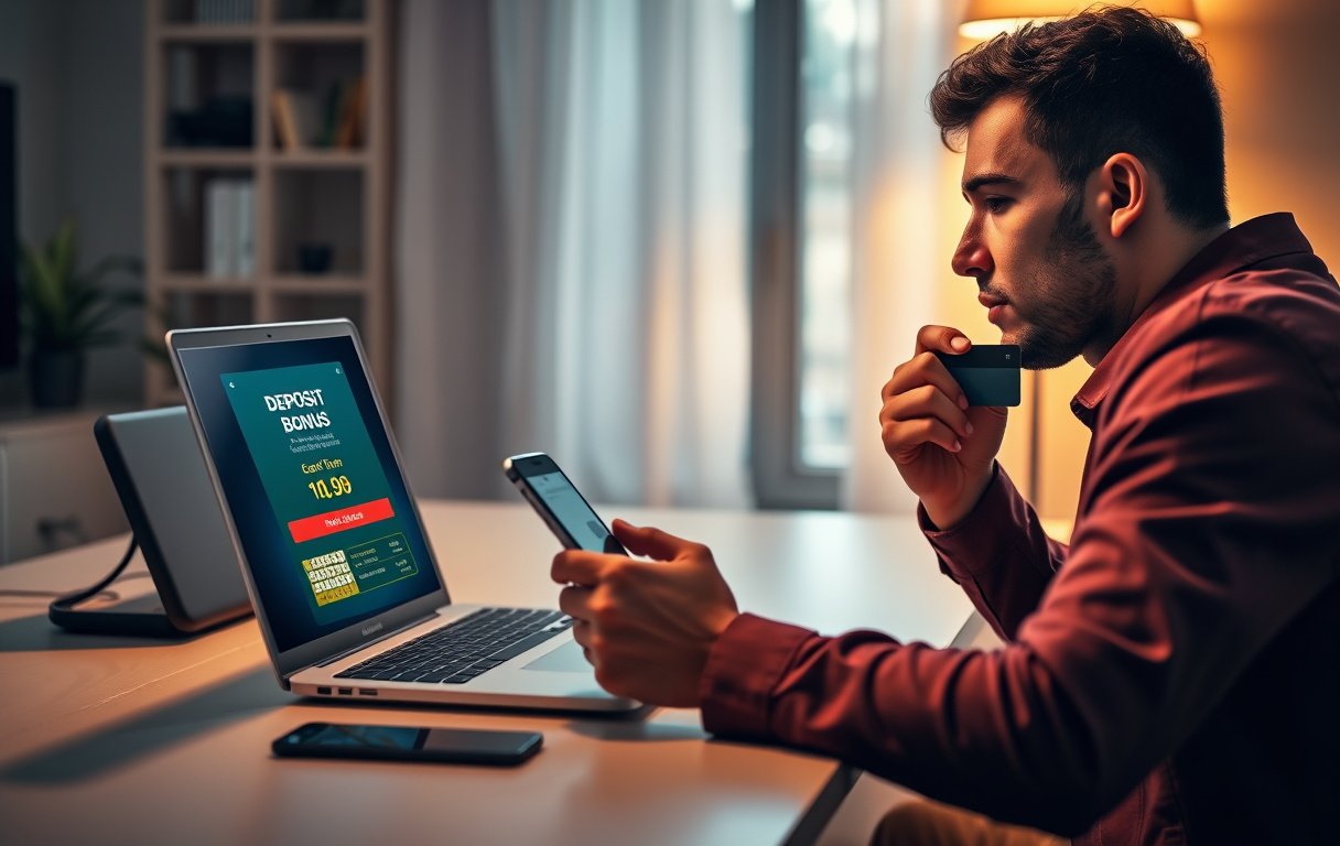 Person som vurderer innskuddsbonus på mobilen med kredittkort i hånden
