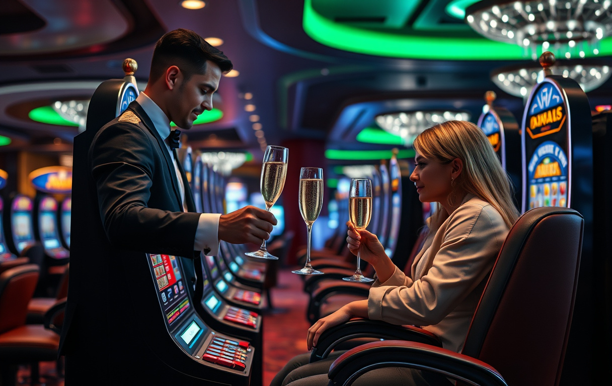 VIP-casinolounge med personlig vert og spilleautomat, luksuriøs stemning