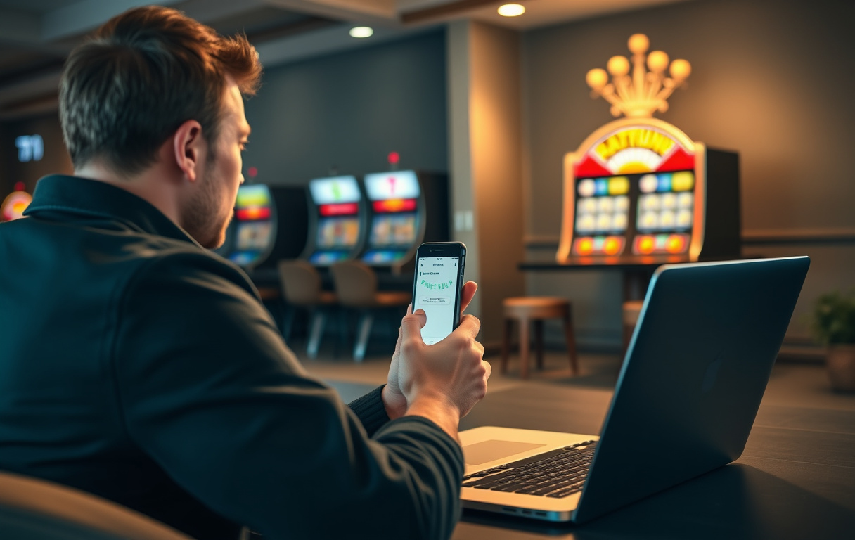 Person med mobil og laptop som viser betalingsmetode for casino