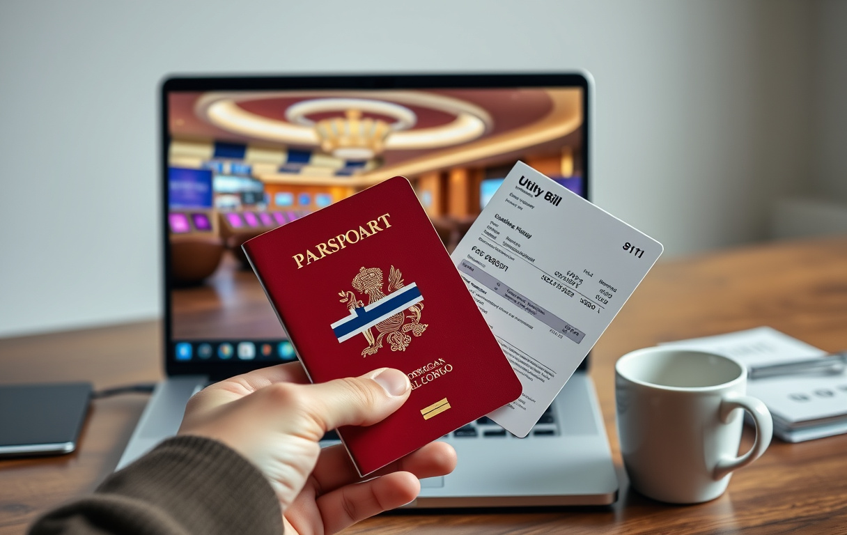 Person som holder norsk pass og strømregning foran en laptop med casinogrensesnitt
