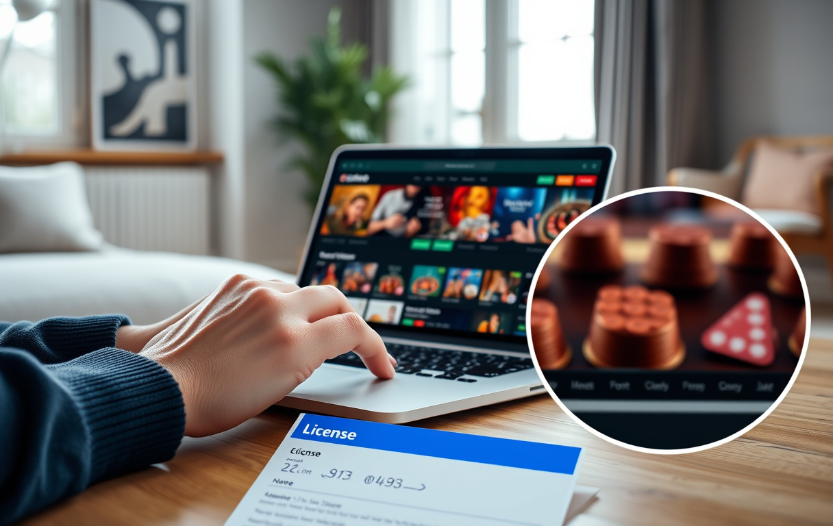 En person som sjekker lisensinformasjon på et casino på bærbar PC