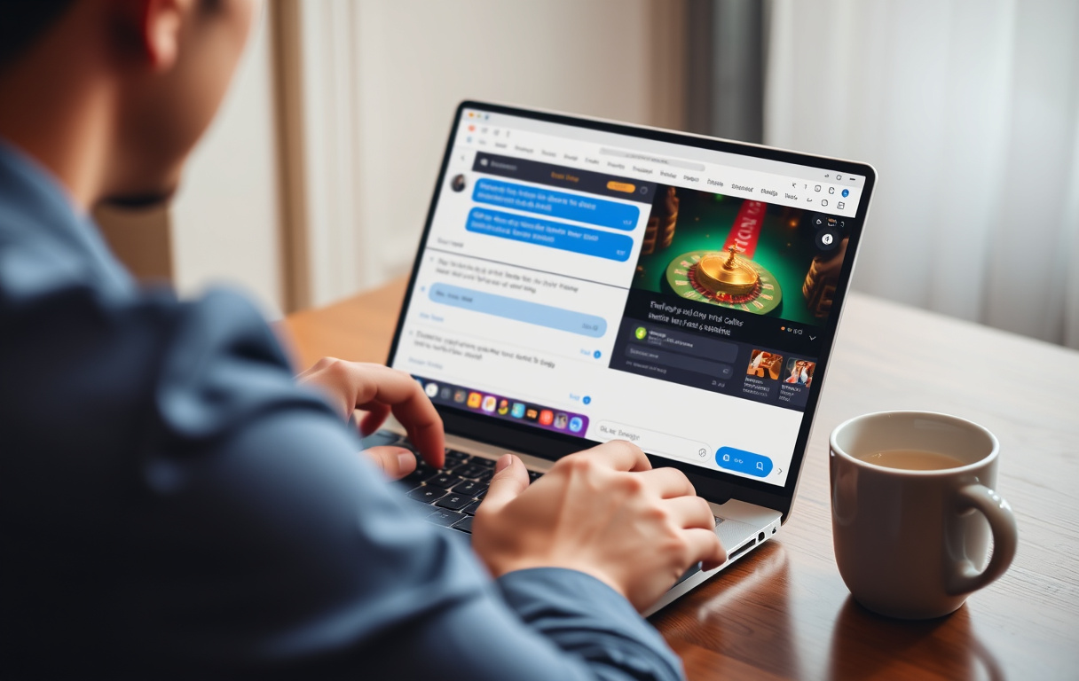 En person som chatter med casino kundeservice via live chat på en bærbar PC