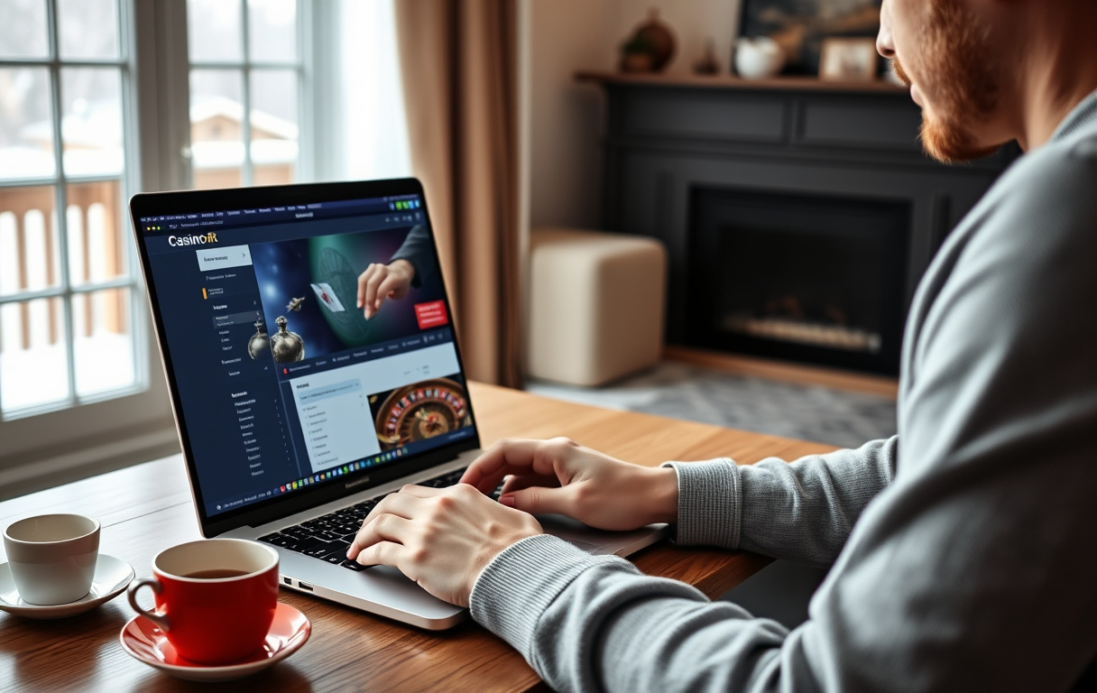 Person som analyserer et casino på laptop med forstørrelsesglass