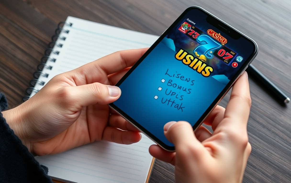 En person som sammenligner casinoer på mobil med notatblokk ved siden av.