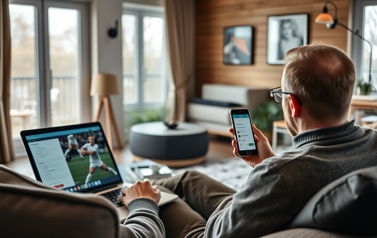 Person som følger med på fotballkamp på laptop med bettingside åpen, mobil med betalingsbekreftelse, norsk stue