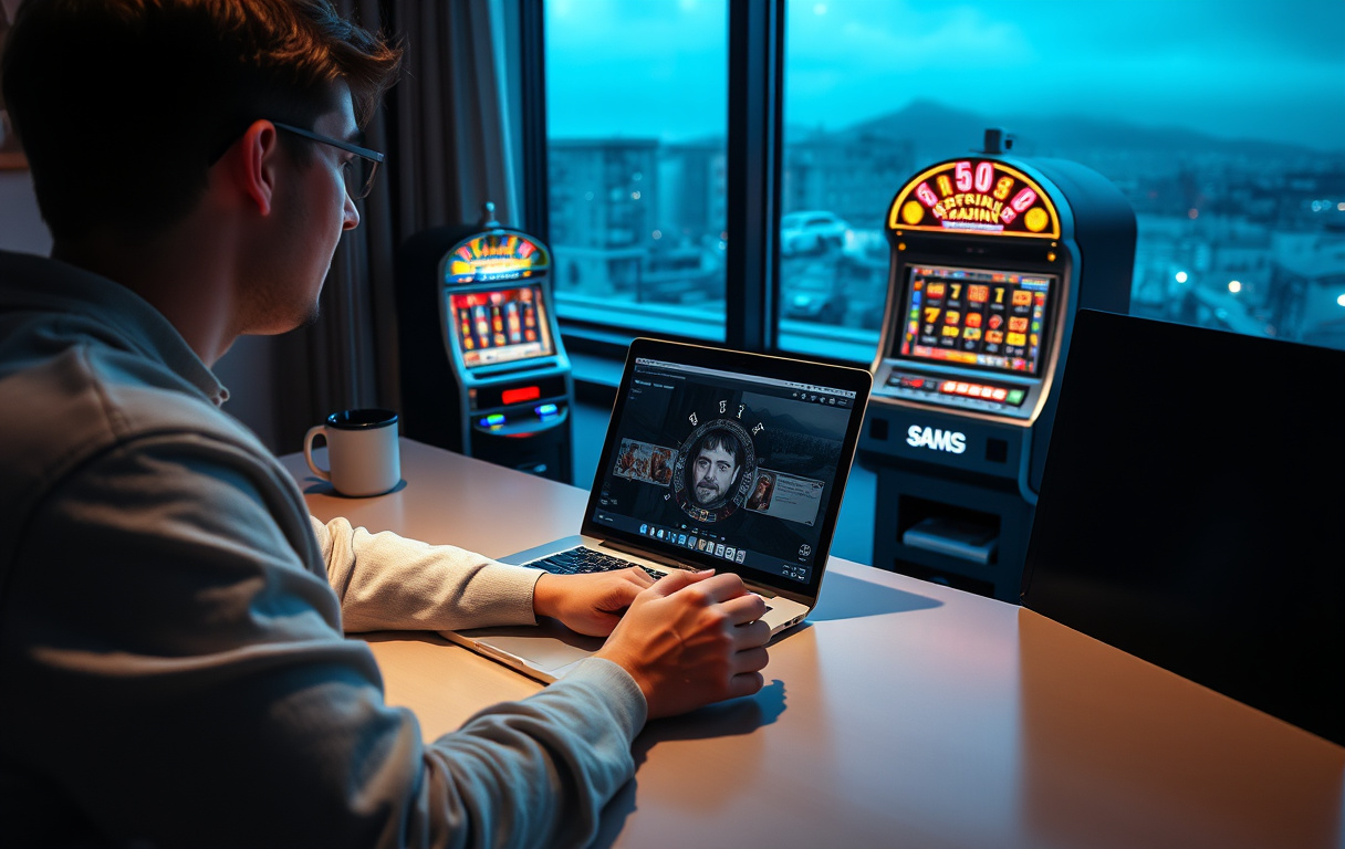 Person som spiller på nettkasino med lavt innskudd på laptop.