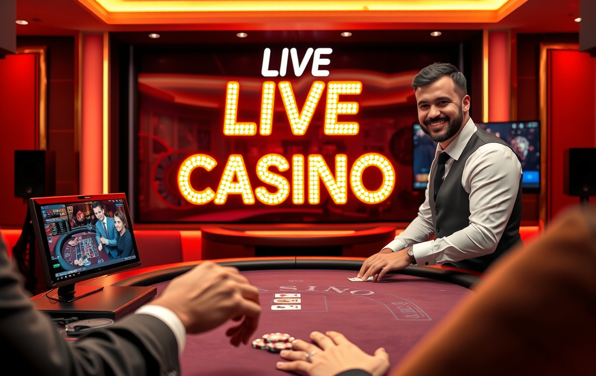 Live dealer ved blackjack-bord i studio med neon-skilt Live Casino