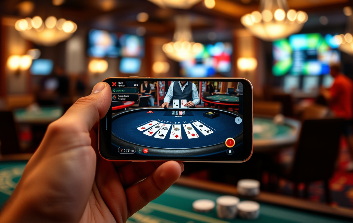 Mobiltelefon som viser et live blackjack-spill med ekte dealer, bakgrunn med sjetonger og kort.