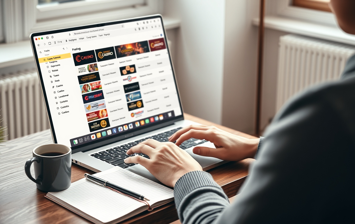 Person som sammenligner nettcasinoer på laptop med notatblokk ved siden av