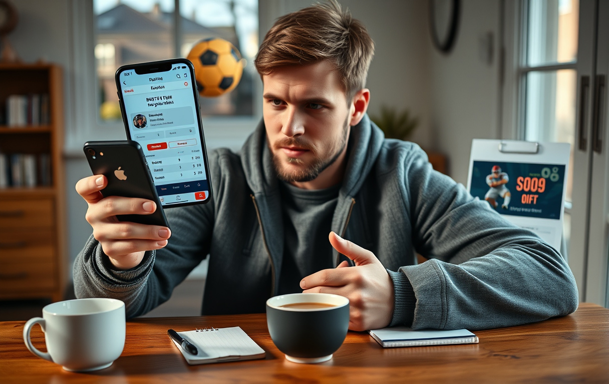 En person sammenligner oddsbonuser på to mobiltelefoner ved et skrivebord.