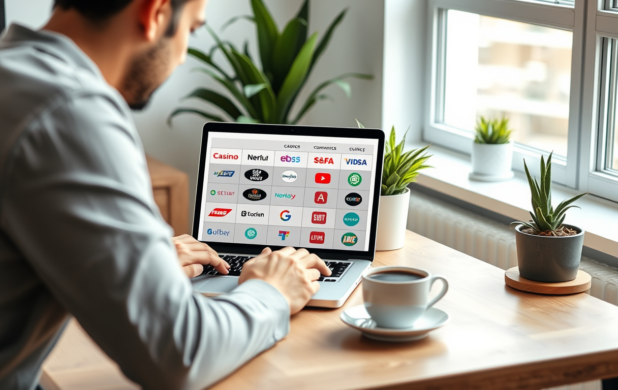 Sammenligning av utenlandske casino på laptop med kaffe og mobil
