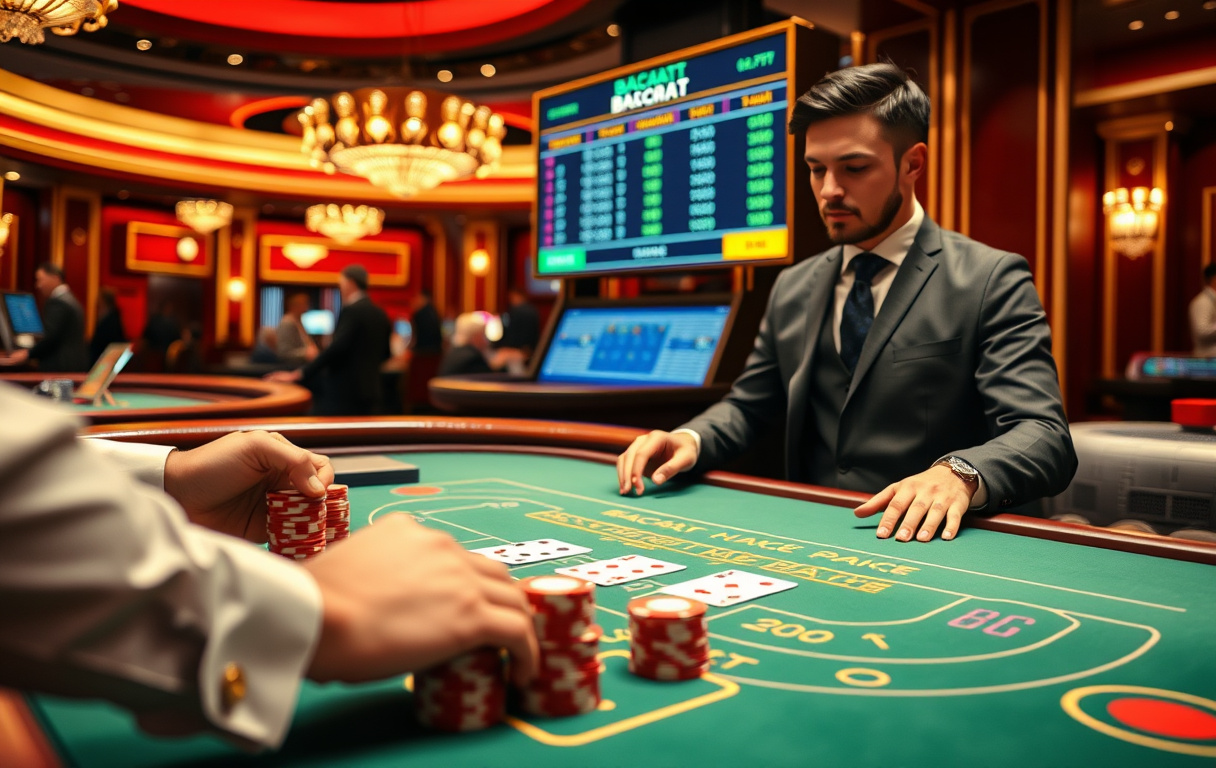 Live baccarat-bord med dealer, kort og jetonger i et kasino.