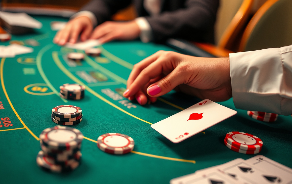 Blackjack-bord med kort og sjetonger, dealerens hånd med ess, nærbilde.