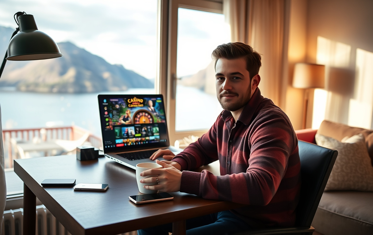 Person som spiller casinospill på nett i en norsk stue med fjordutsikt