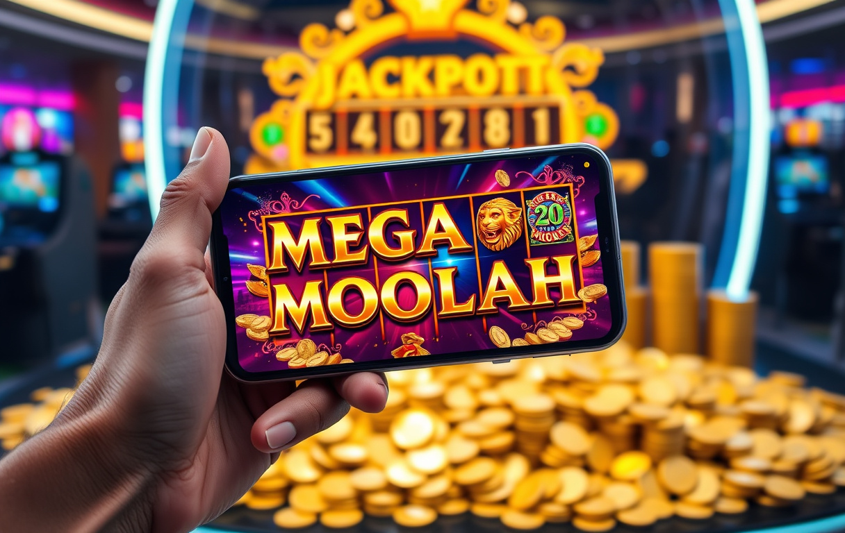 Mobiltelefon med progressiv jackpot-spill vist på skjermen, omgitt av gullmynter og digital jackpot-teller