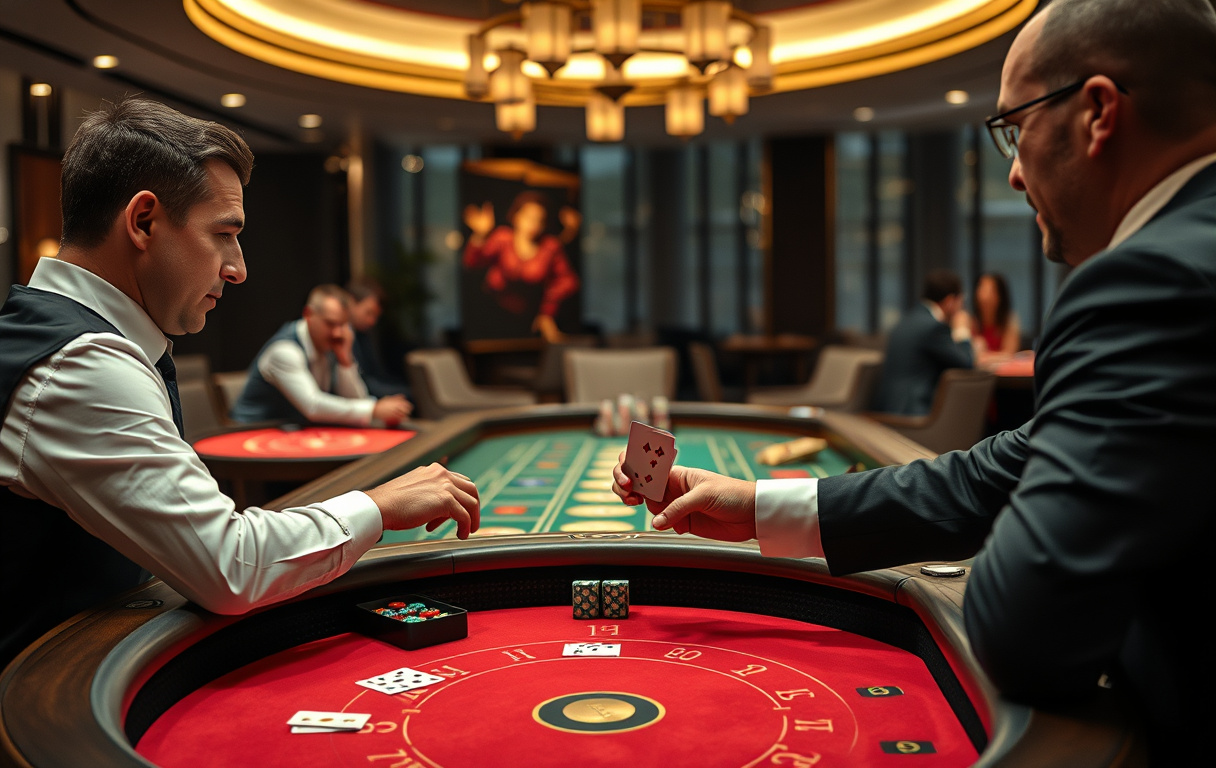 Live casino-bord med dealer som deler kort i et moderne studio.