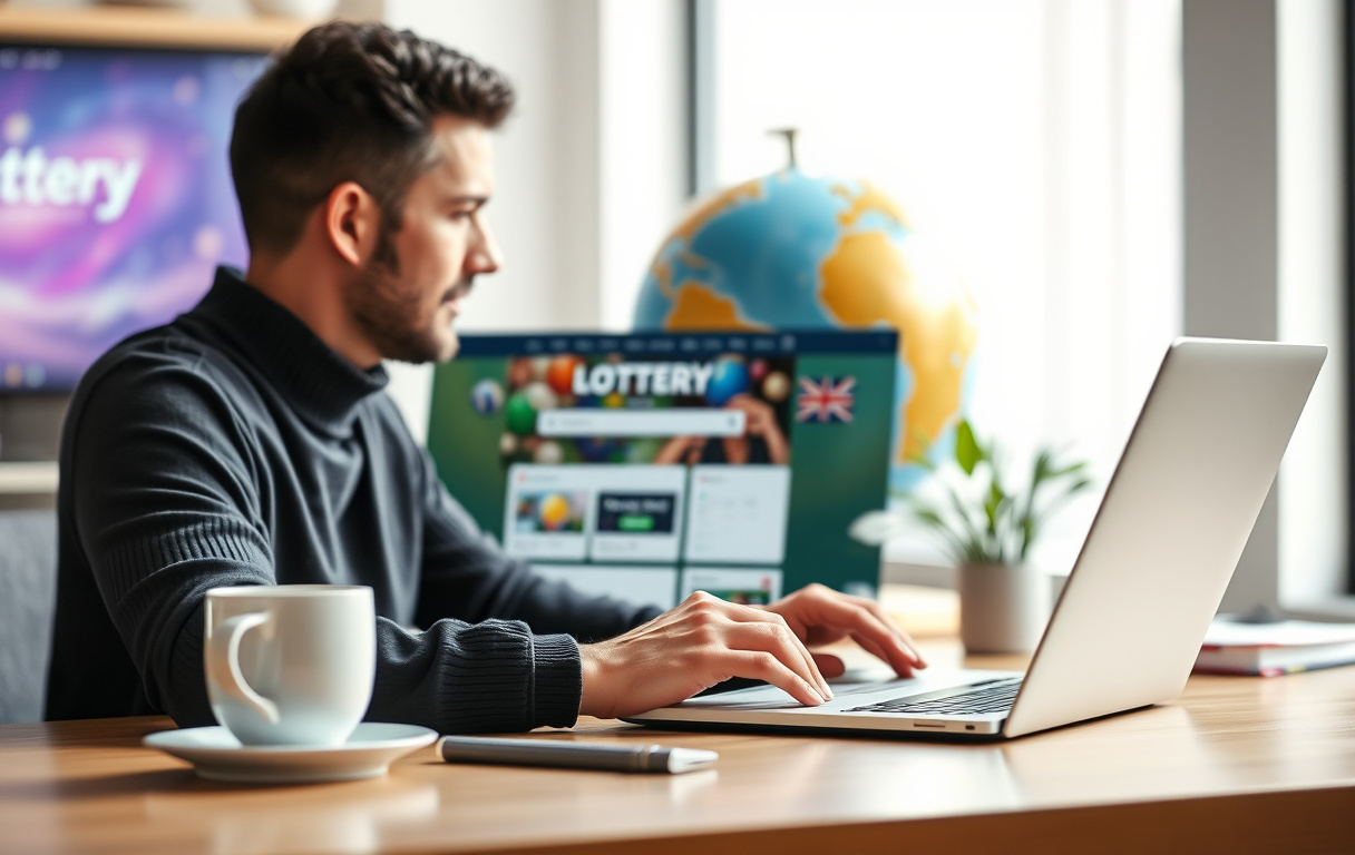 Person som spiller lotto på nett på en laptop, med globus i bakgrunnen som symboliserer internasjonale lotterier.